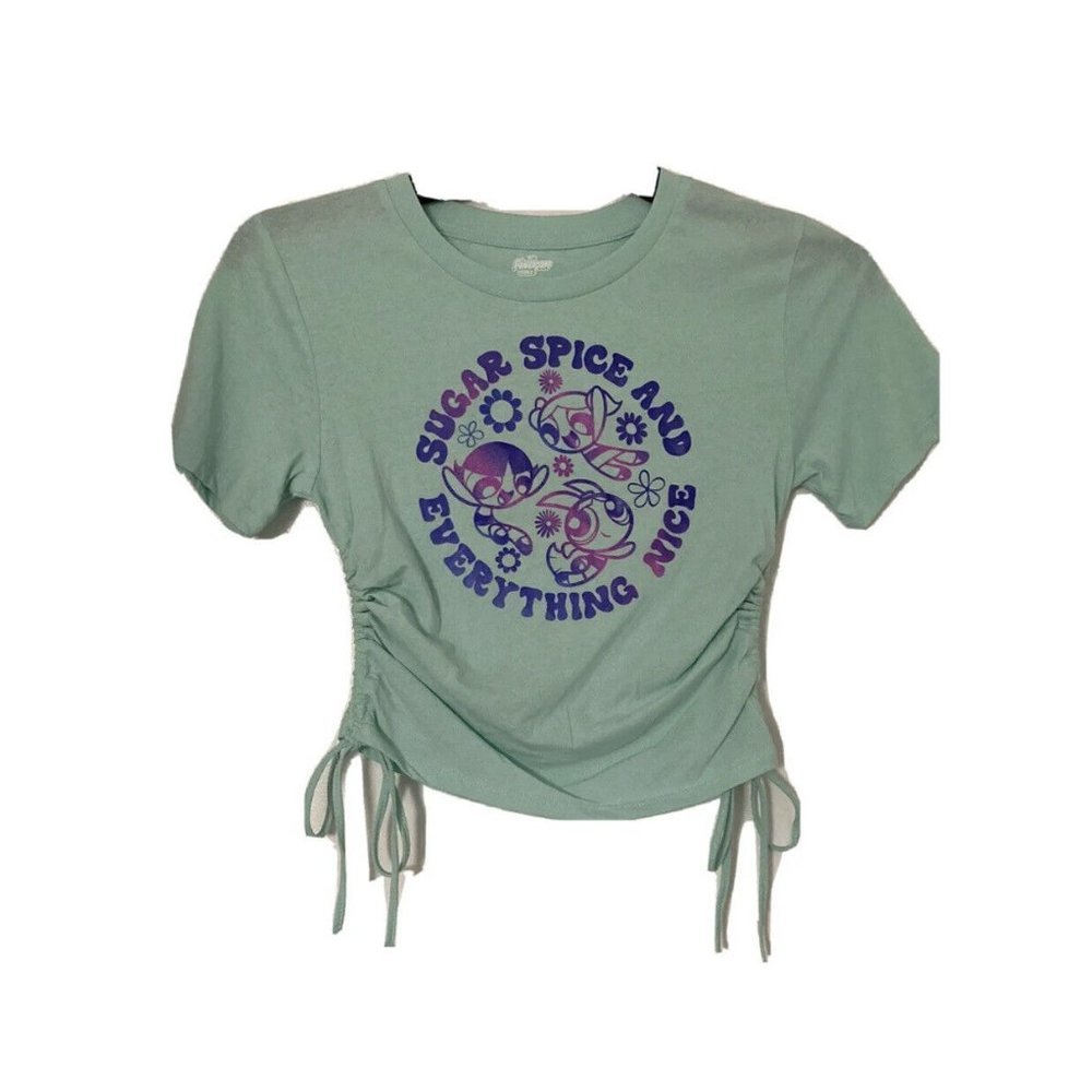 Powderpuff Girls Womens Side Tie Graphic Print T-Shirt Size XL Green Opaline